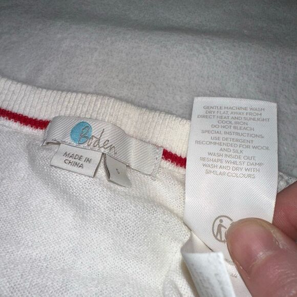 Boden Women’s Small Linen Blend Crew Sweater Cream Red 3/4 Bow Sleeves EUC - Picture 8 of 11